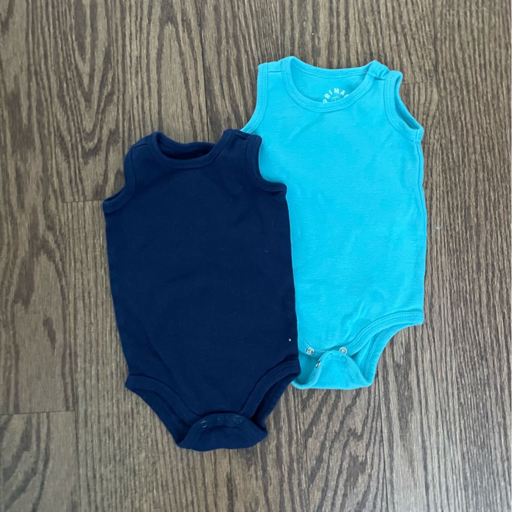 Set of Two Primary 3-6M sleeveless Baby Bodysuits - Navy and Aqua